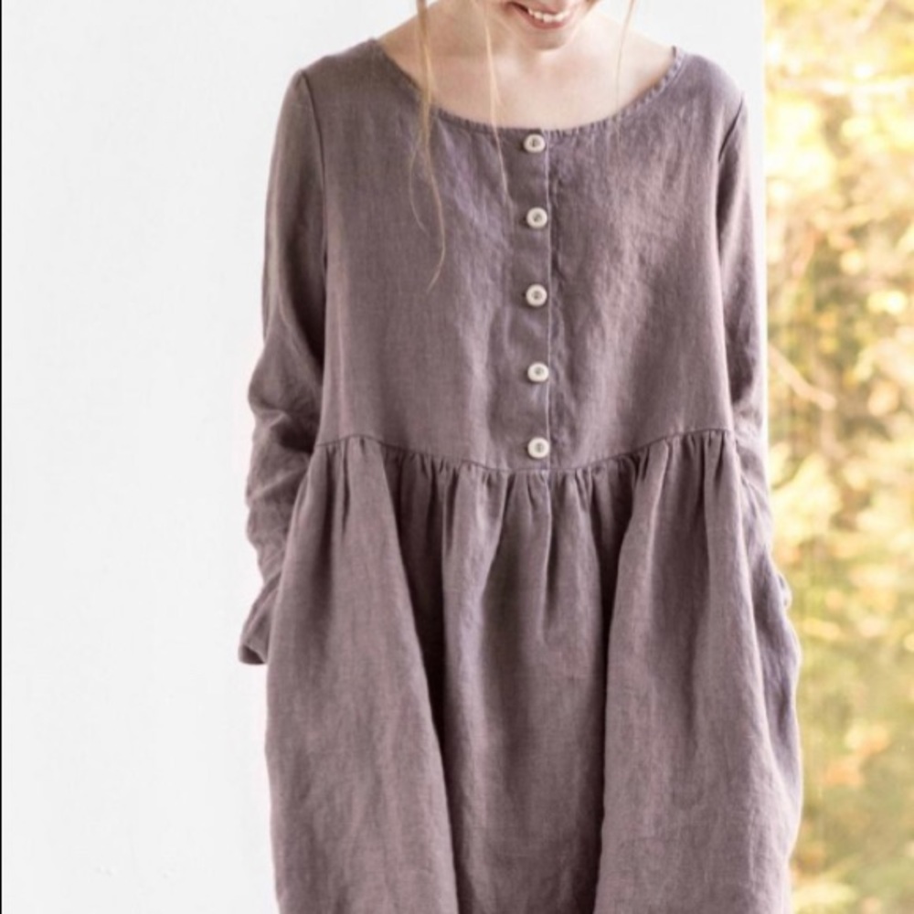Loose 100% Linen long sleeve midi dress